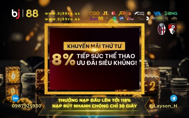 Ưu Đãi Nạp Thứ 4 Hàng Tuần 8% Thể Thao Tại Sảnh Bóng Đá BJ88